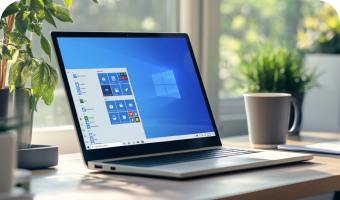 Ein Laptop mit Windows Desktop steht zusammen mit einer Tasse und zwei kleinen Pflanzen auf einem Tisch.