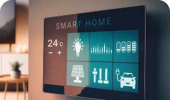 Touch-Bildschirm an der Zimmerwand mit Anwendungen für Smart Home-Steuerung.