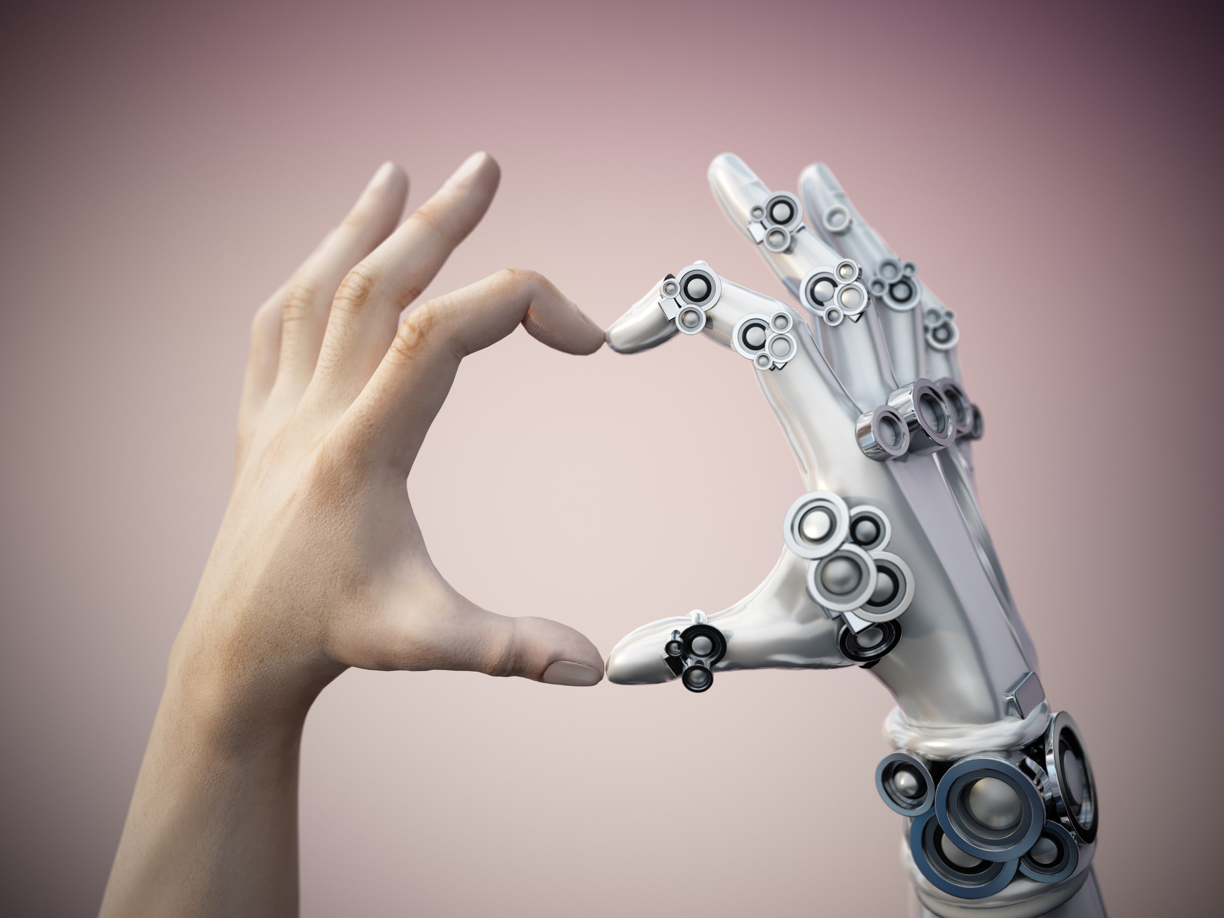 Eine linke menschliche Hand und eine rechte Robotorhand formen ein Herz um das Telekom T.